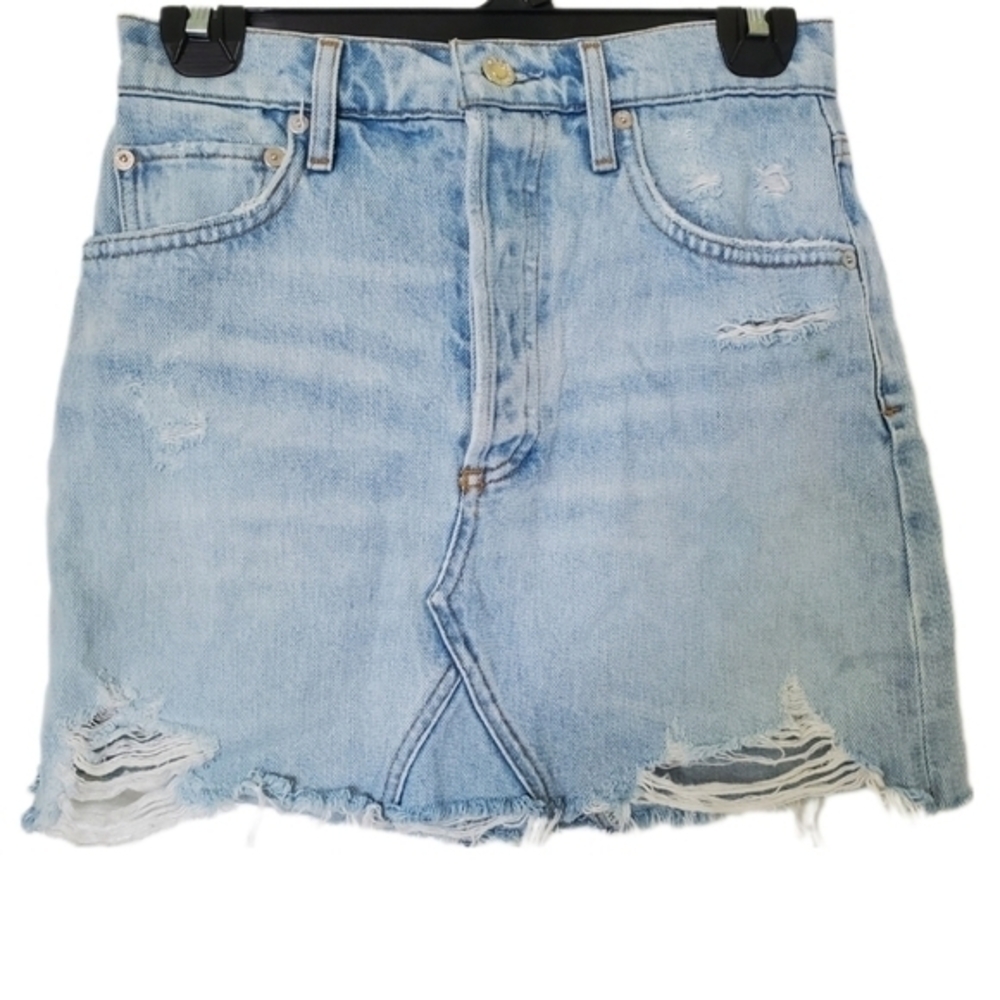 Agolde‎ Light Wash Distressed Denim Button Fly Mini Skirt Raw Hem Size 25